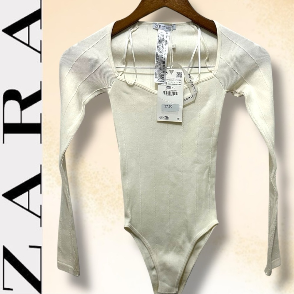 118 ZARA | NWT White Ribbed Knit Long Sleeve Bodysuit (size XS-S)